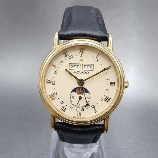 Movado Triple Calendar Moonphase Watch Women 28mm Cream Dial Gold Tone New Batt0