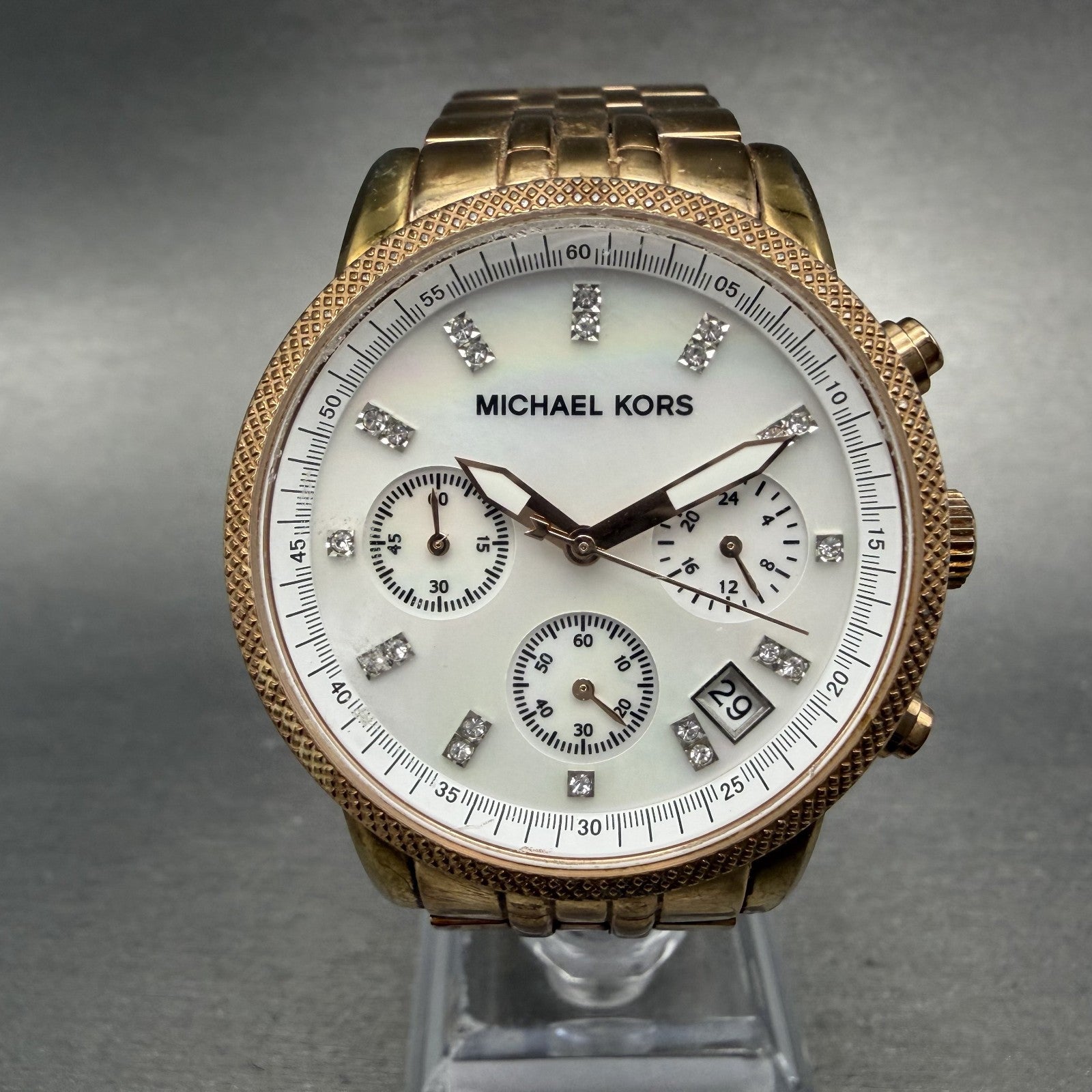 Michael Kors Ritz Chronograph Watch Women 37mm MOP Dial Rose Gold New Battery0