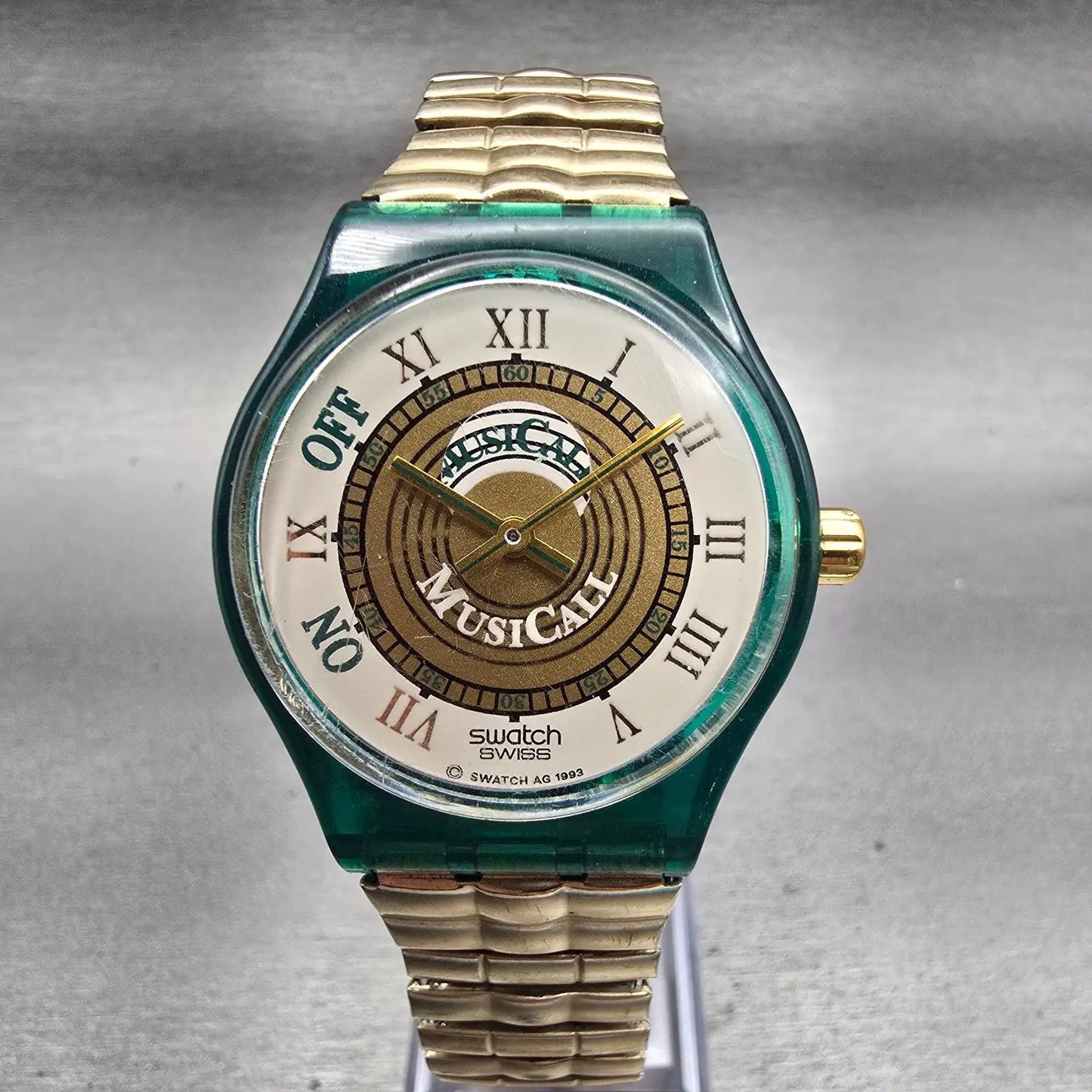 Swatch Musicall MARTINGALA Watch Men 34mm White Dial Green Case SLG100 New Batt0