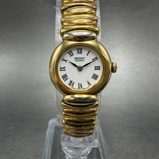 Seiko Watch Women 19mm White Dial Gold Tone Round Vinatge 4N00-0179 New Battery0