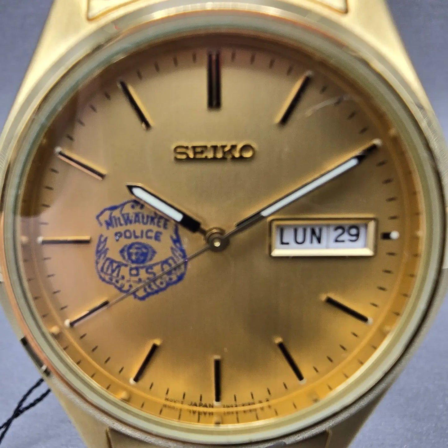 Seiko Watch Men 37mm Champagne Dial Gold Tone Daydate 7N43-9048 New Battery1