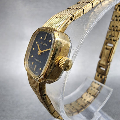 VTG Bulova Watch Women 16mm Black Dial Gold Tone Rectangle 6971 New Battery