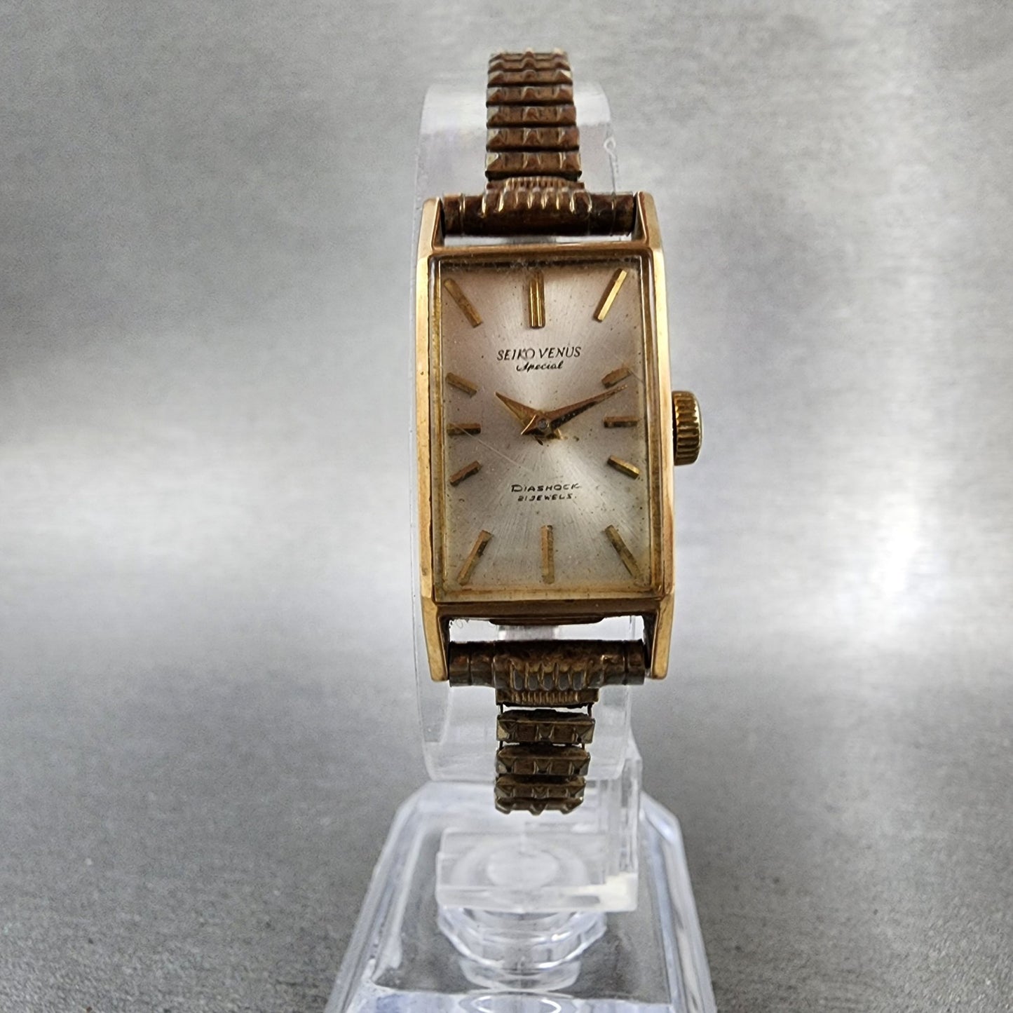 Seiko Venus Special Tank Watch Women 16mm Silver Dial 14K Gold Filled Manual Run6
