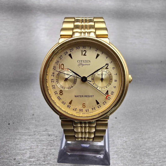 Citizen Elegance Triple Calendar Watch Men 35mm Champagne Dial Gold Tone New Bat0