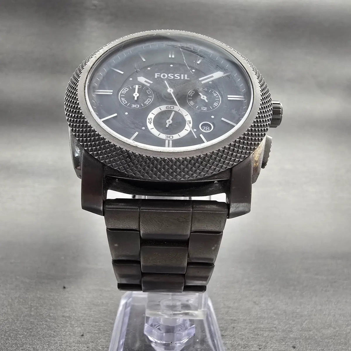 Fossil Machine Watch Men 45mm Black Dial Gray Tone Chrono Date FS4662 New Batt5