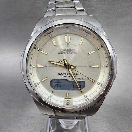 Casio Wave Ceptor Solar Watch Men 42mm White Dial Analog Digital Steel Runs