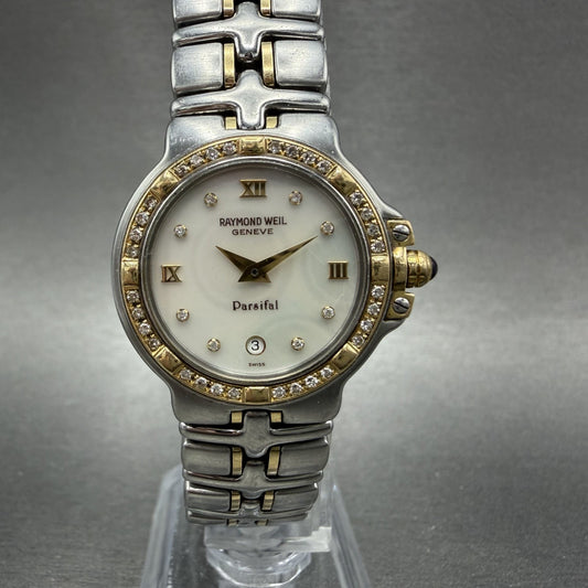 Raymond Weil Parsifal Watch Women 27mm MOP Dial Steel Diamond Bezel Date Newbatt0