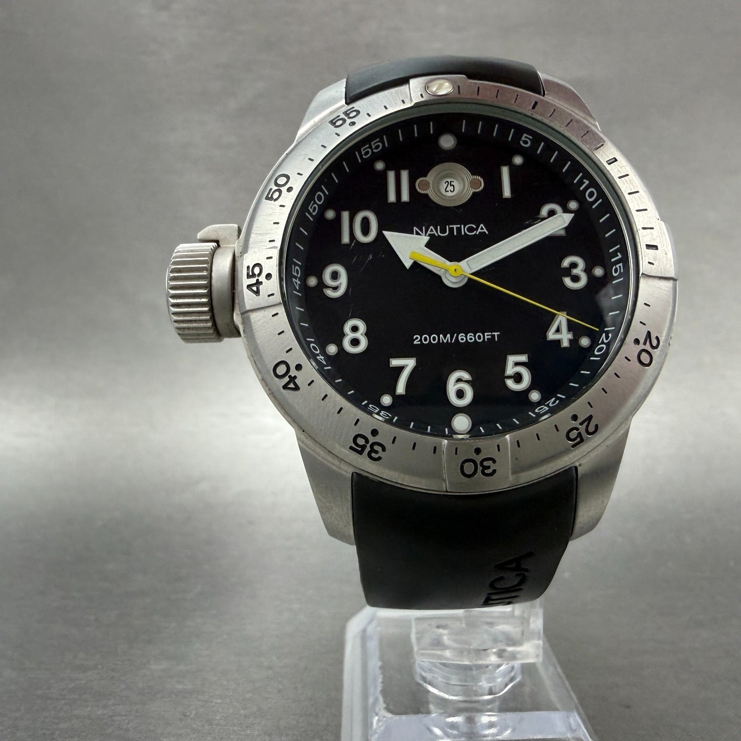 Nautica Dive Watch Men Black Dial Silver Tone Date Round A10012 New Battery5