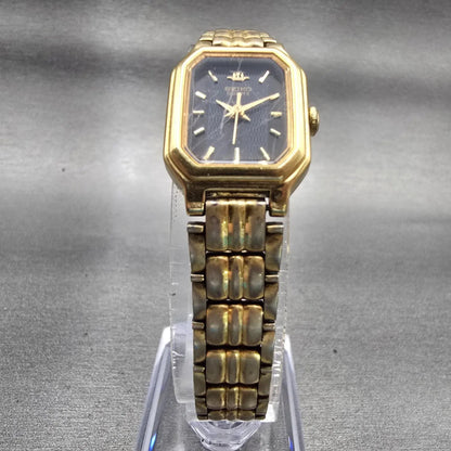 Seiko Watch Women 17mm Black Dial Gold Tone Rectangle V401-5250 New Battery VTG5