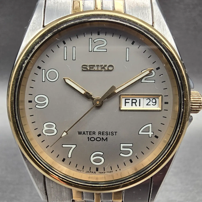Seiko Watch Men 35mm Gray Dial Two Tone Daydate Round 7N43-T011 New Battery VTG1