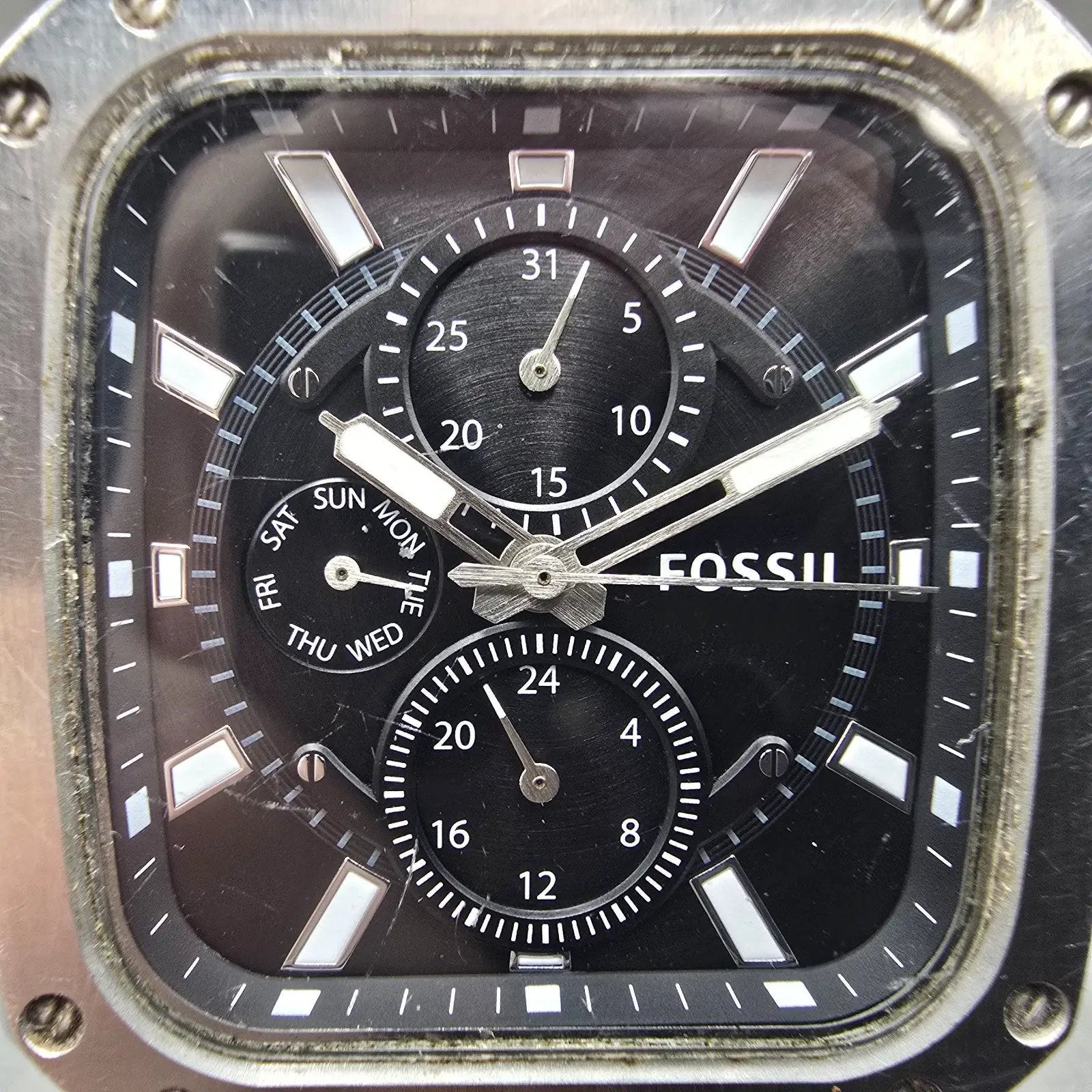 Fossil Watch Men 41mm Black Dial Silver Tone Daydate Rectangle BQ2655 New Batt1