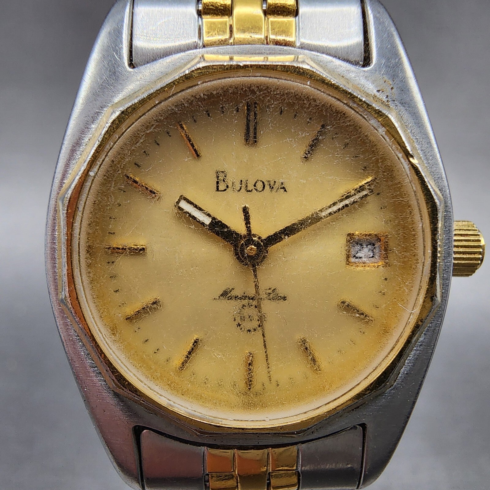 Bulova Marine Star Watch Women 24mm Gold Dial Two Tone Date Round New Battery1