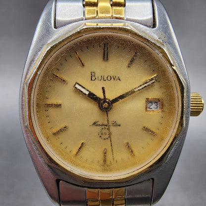 Bulova Marine Star Watch Women 24mm Gold Dial Two Tone Date Round New Battery1