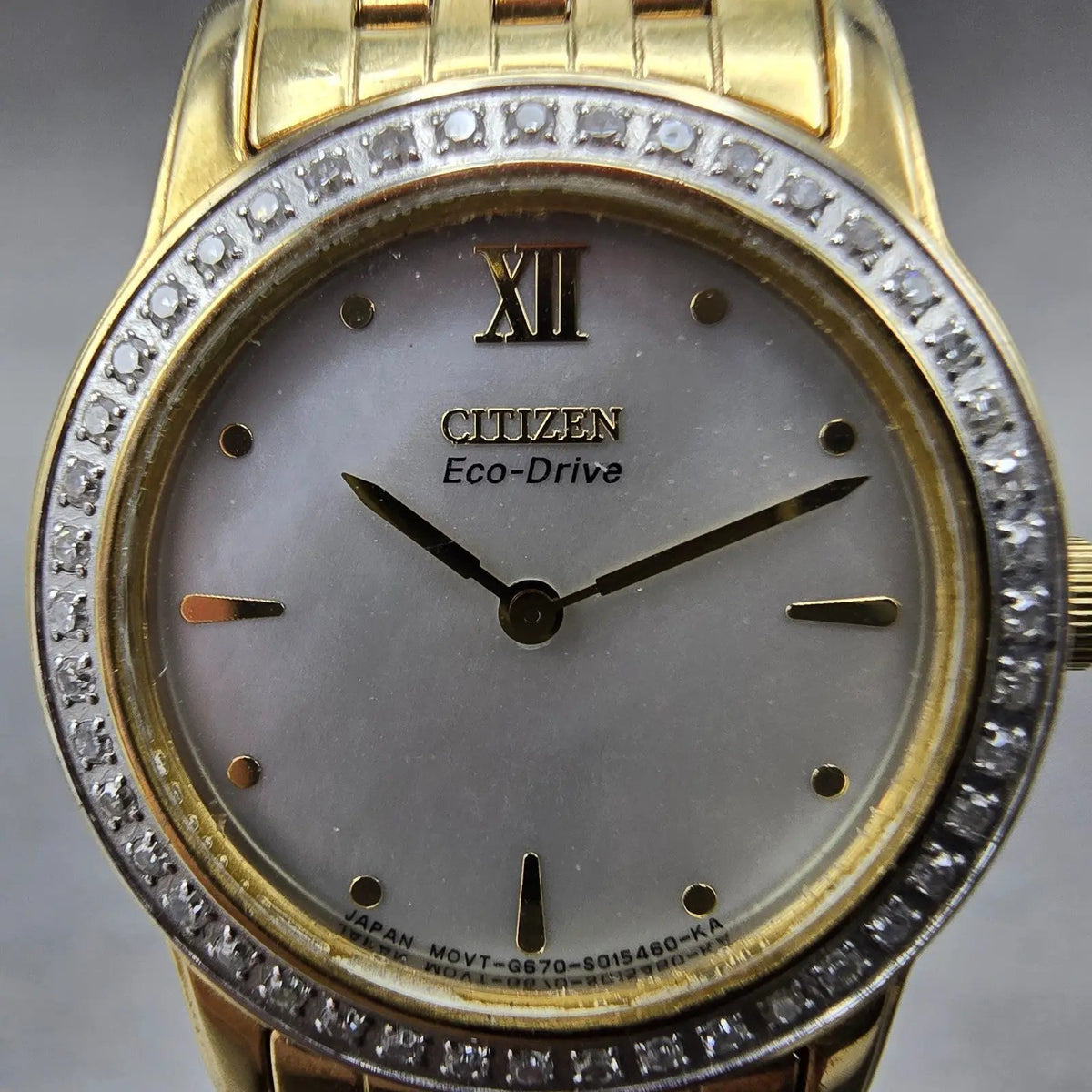 Citizen Eco-Drive Stiletto Watch Women 23mm MOP Dial Gold Diamonds Works1