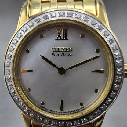 Citizen Eco-Drive Stiletto Watch Women 23mm MOP Dial Gold Diamonds Works1