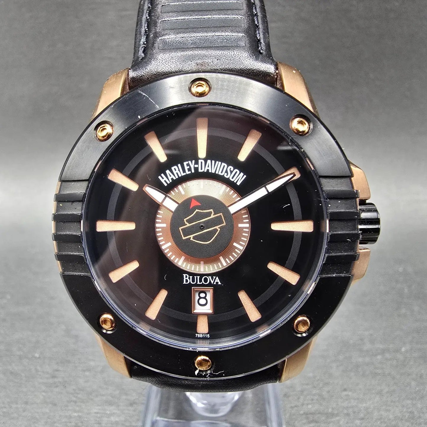 Bulova Harley Davidson Watch Men 43mm Black Dial Rose Gold Tone Date 78B115 Runs0