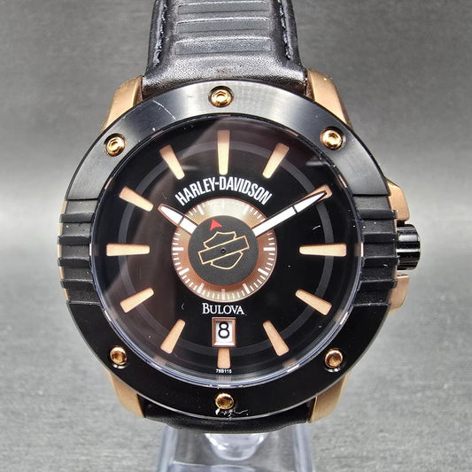 Bulova Harley Davidson Watch Men 43mm Black Dial Rose Gold Tone Date 78B115 Runs0