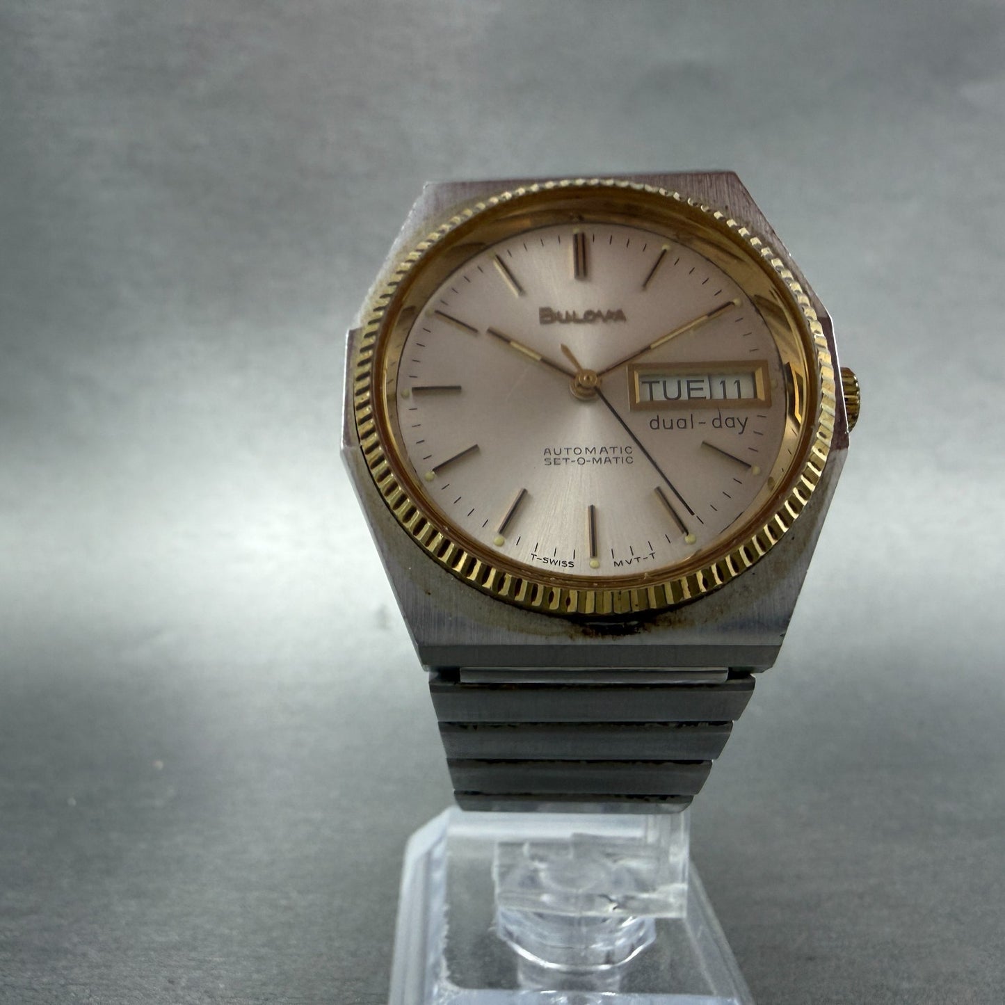 Bulova Set-O-Matic Watch Men 35mm Silver Dial Two Tone Daydate Automatic Runs5
