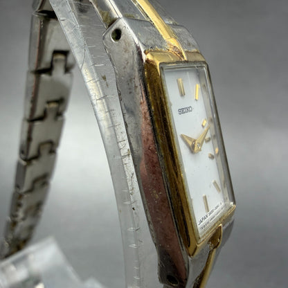 Seiko Watch Women 12mm White Dial Two Tone Rectangle 2E20-7479 New Battery JHK123
