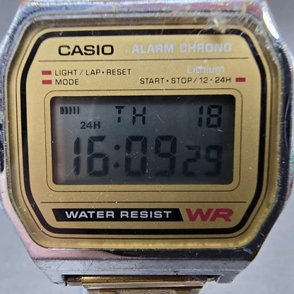 Casio A158WE Watch Men 33mm Champagne Dial Silver Alarm Chronograph New Battery1