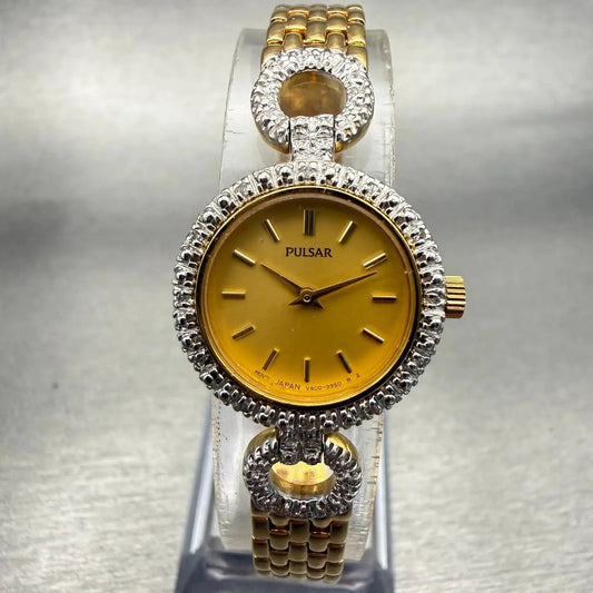 Seiko Pulsar Watch Women 20mm Gold Dial Gold Tone Gemmed V400L782A New Battery0