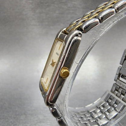 Seiko Tank Watch Women 14mm Cream Dial Two Tone Rectangle 2E207430 New Battery2