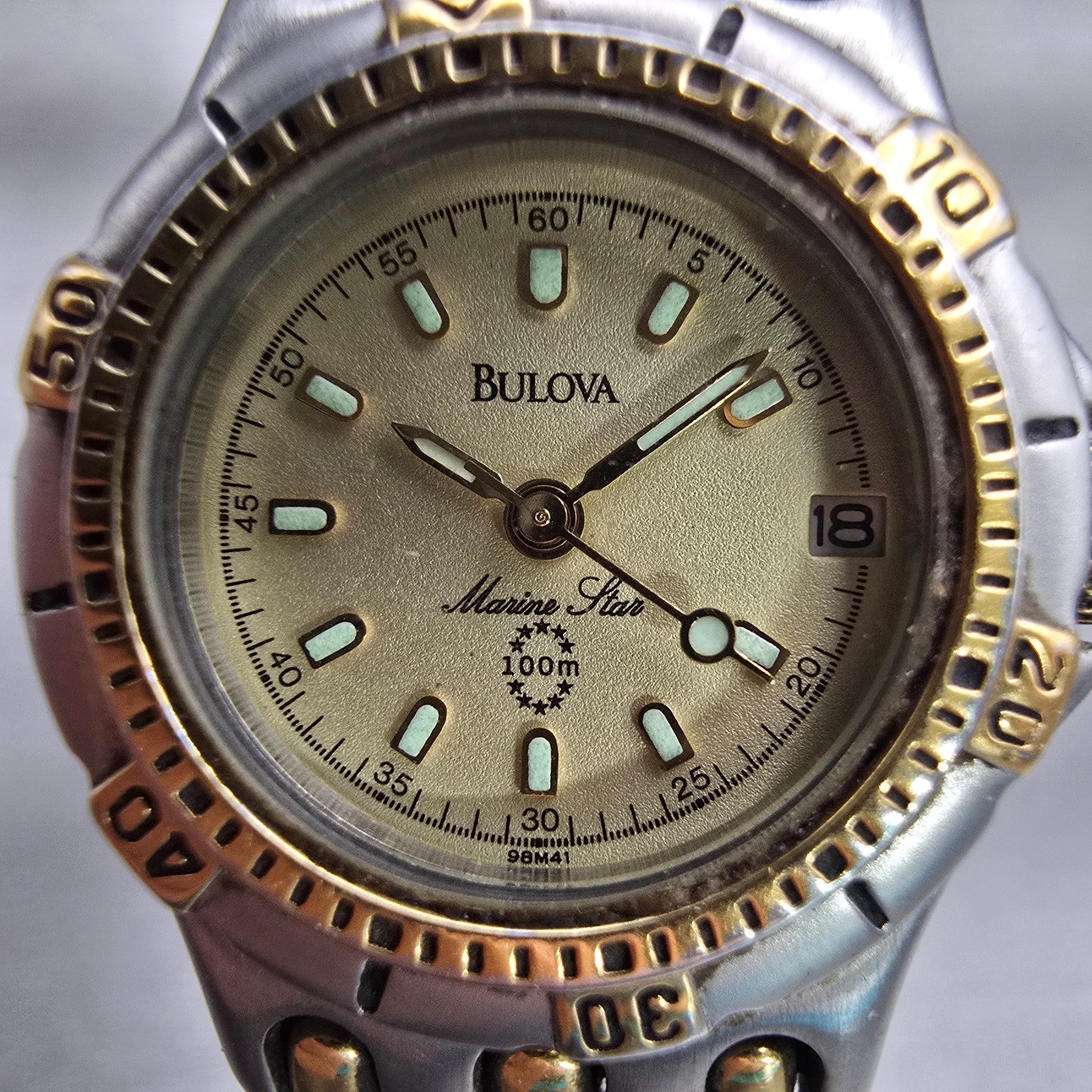 Bulova Marine Star Watch Women 24mm Champagne Dial Two Tone Date Round New Batt1
