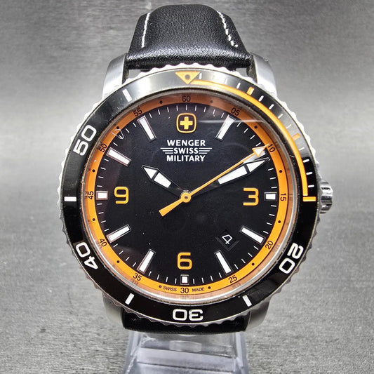 Wenger Swiss Military Roadster Watch Men 43mm Black Dial Steel Orange New Batt0