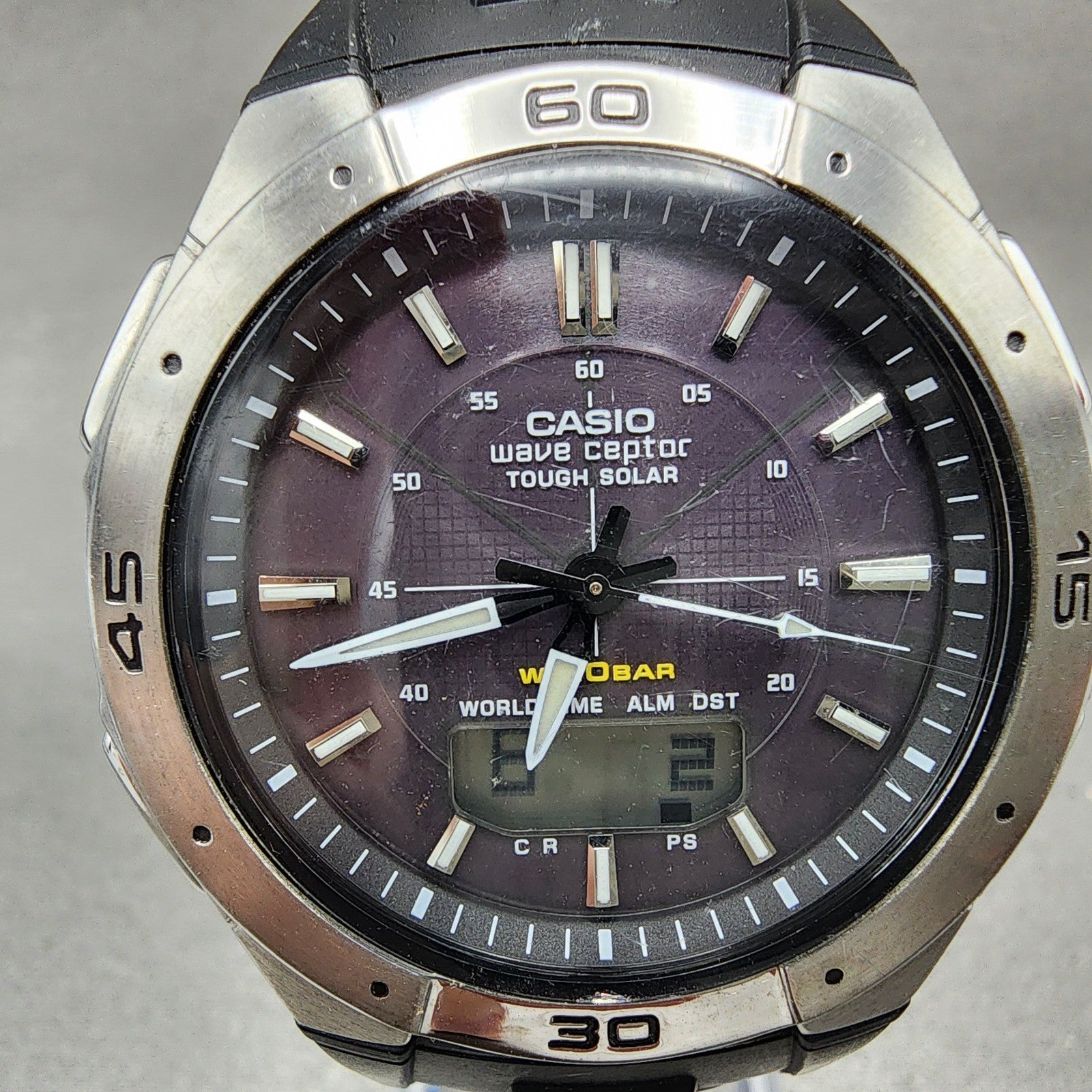 Casio Wave Ceptor Watch Men 42mm Black Dial Silver Tone Analog Digital Solar AB11
