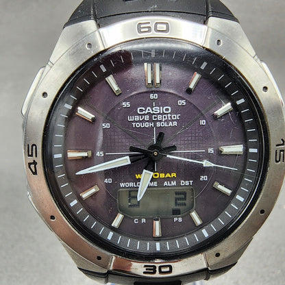 Casio Wave Ceptor Watch Men 42mm Black Dial Silver Tone Analog Digital Solar AB11