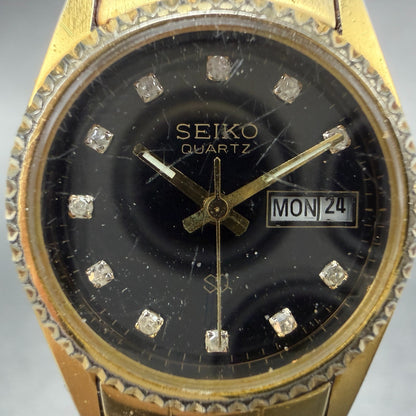 Seiko SQ Watch Women 24mm Black Dial Gold Tone Daydate READ!!!! 3E23-0A60 NewBat1