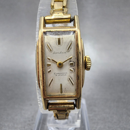 Seiko Solar Tank Watch Women 15mm Silver Dial Gold Filled Manual 532 Runs0
