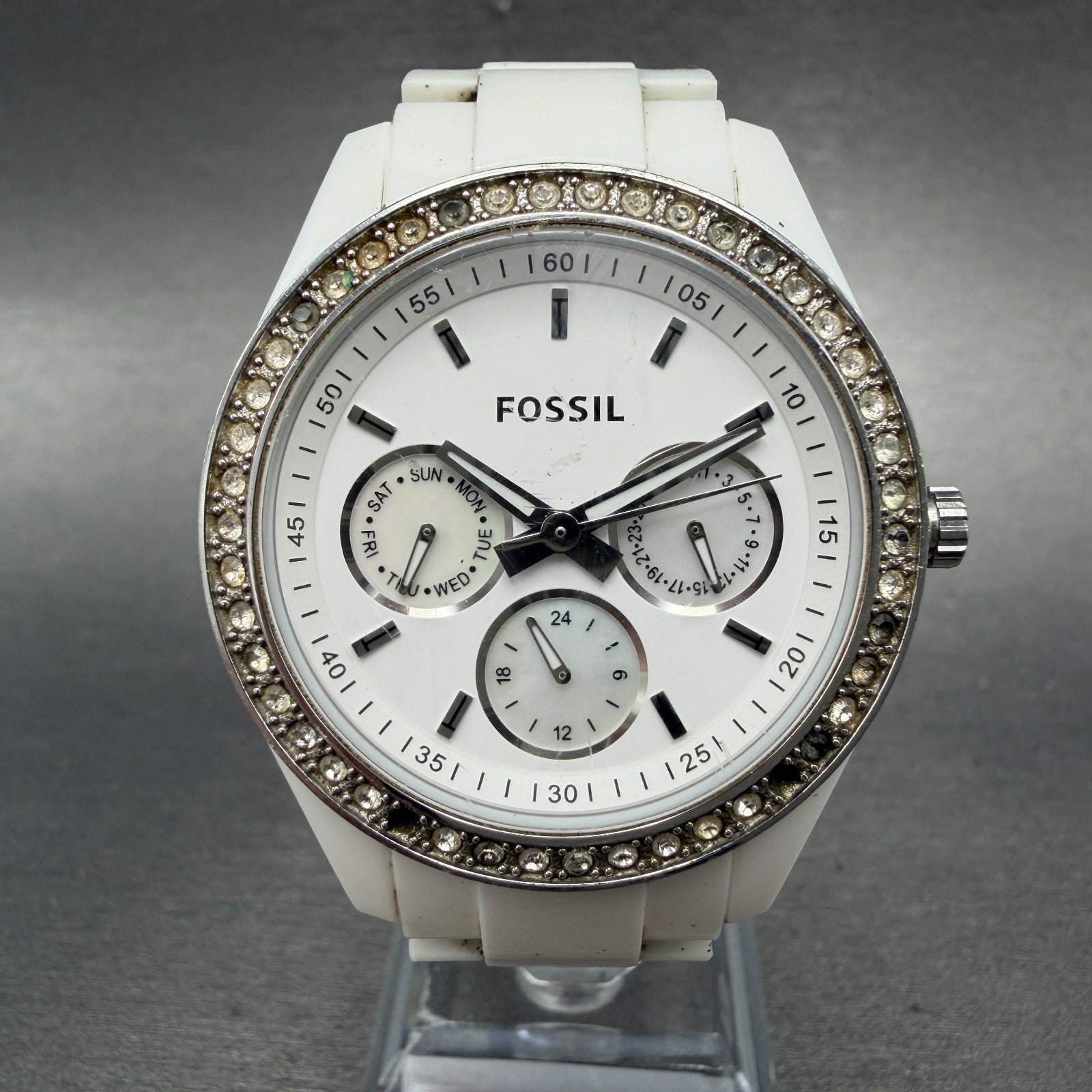 Fossil Stella Watch Women 38mm White Dial White Tone Round ES1967 New Battery0