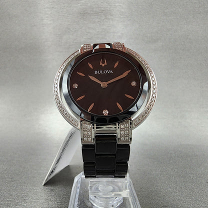 Bulova Rubaiyat Watch Women 35mm Black Dial Black Ceramic Diamond Bezel 98R266 B