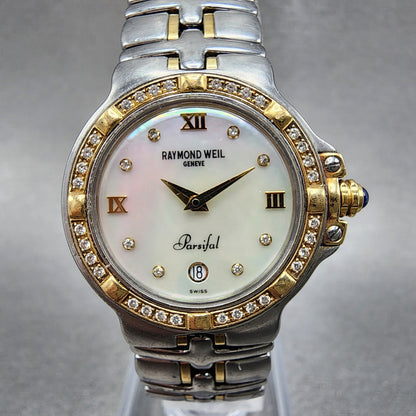 Raymond Weil Parsifal Watch Women 27mm MOP Dial Steel Diamond Bezel Date Newbatt0