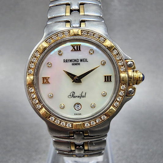 Raymond Weil Parsifal Watch Women 27mm MOP Dial Steel Diamond Bezel Date Newbatt0