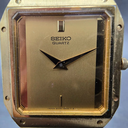 Seiko Tank Watch Men 29mm Gold Dial Gold Tone Rectangle 6530-5010 VTG PARTS2