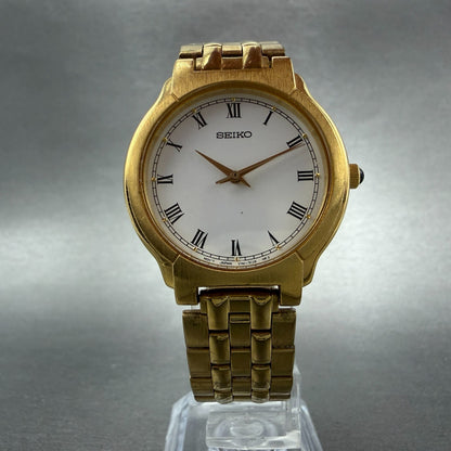 Seiko Watch Men 32mm White Dial God Tone Round V701-2b60 New Battery Vinatge5