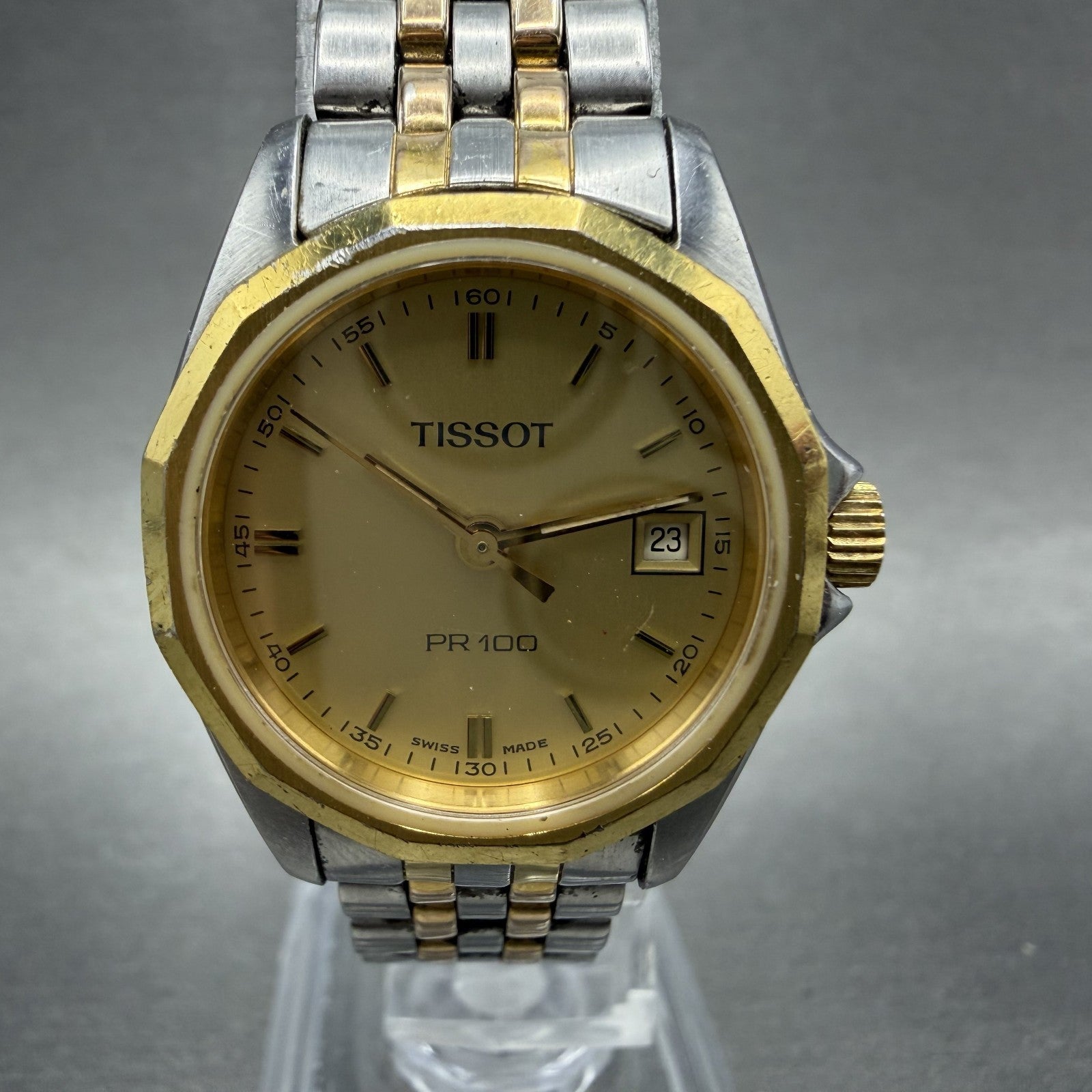 Tissot PR100 Watch Women 25mm Gold Dial Two Tone Date Round P332/432 New Batt1