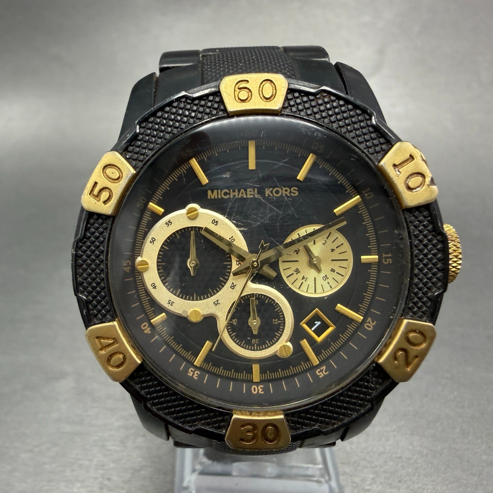 Michael Kors Chrono Watch Men 45mm Black Dial Two Tone Date Round MK-8088 NewBat0