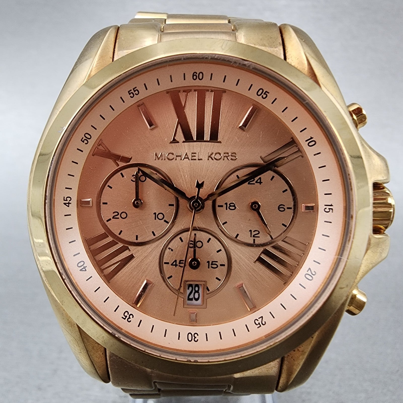Michael Kors Bradshaw Chronograph Watch Women 45mm Pink Dial Date New Battery1