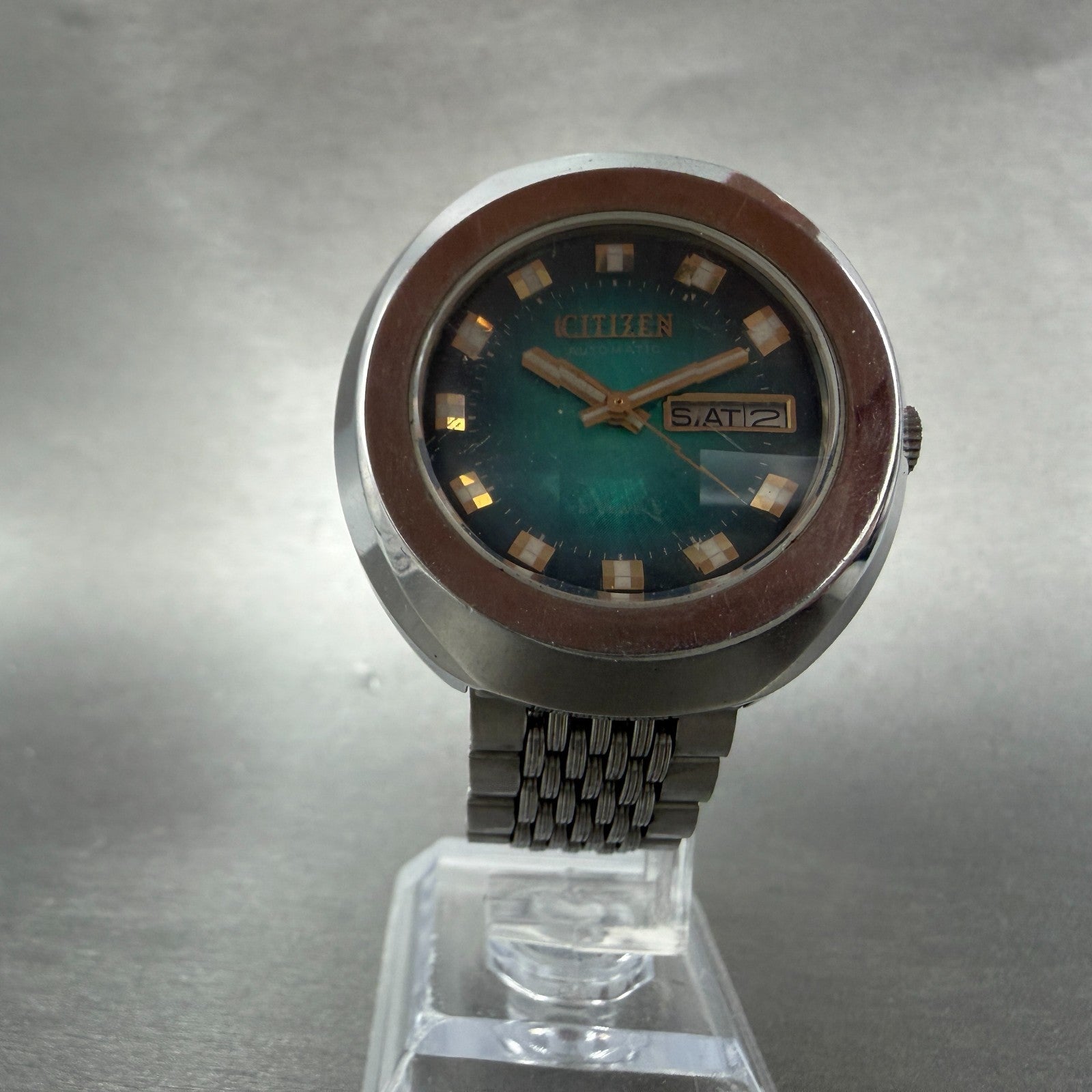 Citizen Automatic Watch Men 38mm Blue Green Dial Steel Daydate 4-651537 Runs5