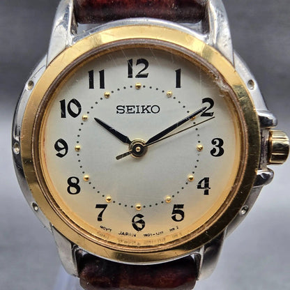 Seiko Watch Women 24mm Ivory Dial Two Tone Round 1N01-0J09 New Battery Vintage a1
