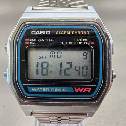Casio A-158W Digital Watch Men 33mm Black Dial Silver Tone Chrono Alarm New Bat1