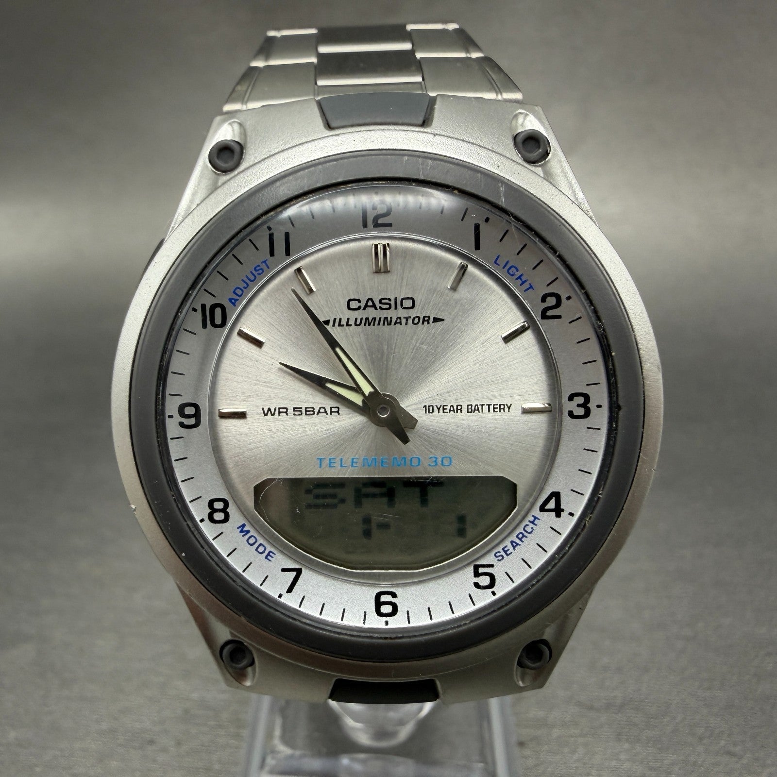 Casio Illuminator Watch Men 40mm Analog Digital Silver Alarm Chrono AW-80 NewBat0