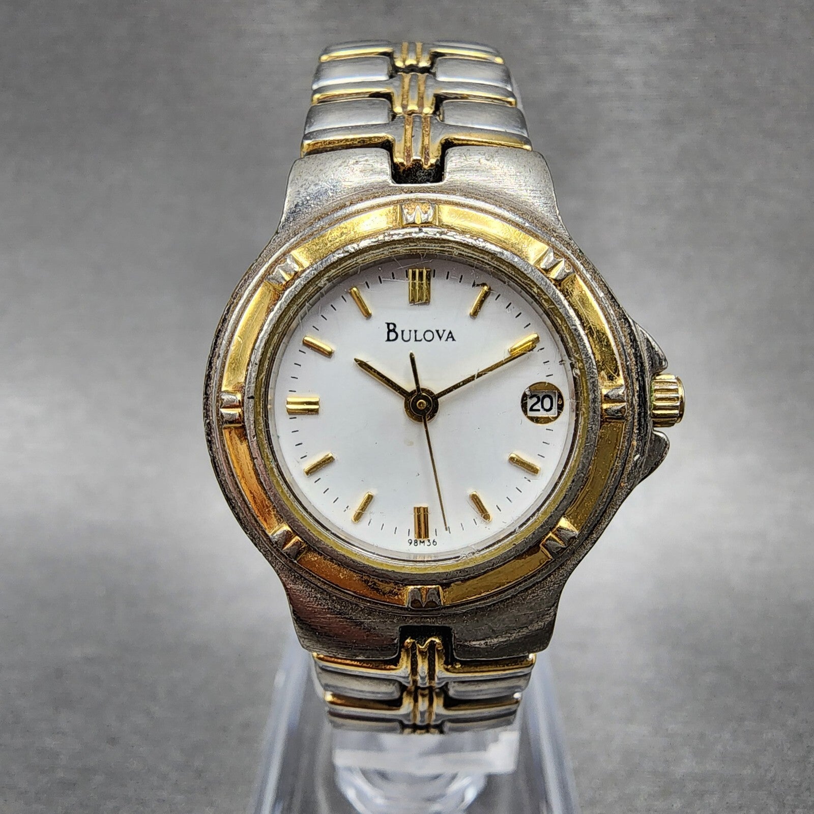 Bulova Watch Women Two Tone White Dial Date 25mm Round 98M36 New Battery0