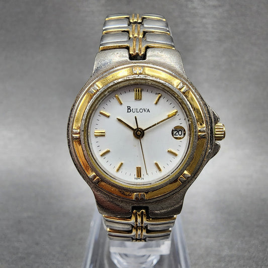 Bulova Watch Women Two Tone White Dial Date 25mm Round 98M36 New Battery0