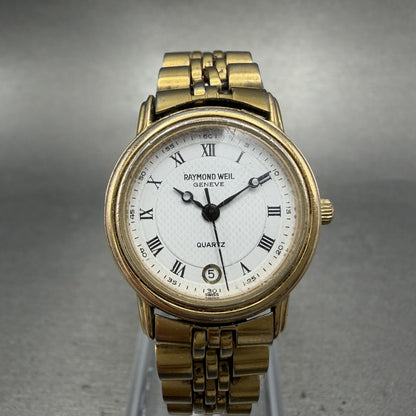 Raymond Weil Watch Women 24mm White Dial Gold Tone Date Round 5322 New Battery0