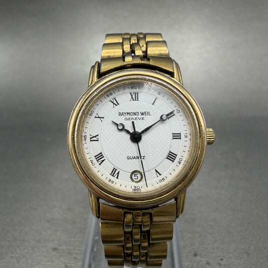 Raymond Weil Watch Women 24mm White Dial Gold Tone Date Round 5322 New Battery0