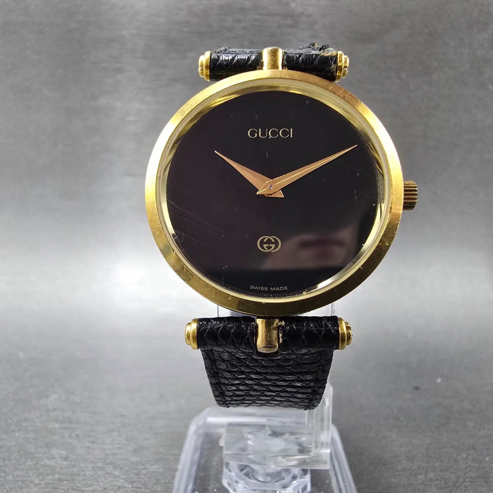 Gucci 2000M Watch Men 30mm Black Dial Gold Plated Leather Round New Battery VTG6
